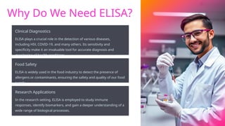 Why Do We Need ELISA?
Clinical Diagnostics
ELISA plays a crucial role in the detection of various diseases,
including HIV, COVID-19, and many others. Its sensitivity and
specificity make it an invaluable tool for accurate diagnosis and
monitoring of health conditions.
Food Safety
ELISA is widely used in the food industry to detect the presence of
allergens or contaminants, ensuring the safety and quality of our food
supply.
Research Applications
In the research setting, ELISA is employed to study immune
responses, identify biomarkers, and gain a deeper understanding of a
wide range of biological processes.
 