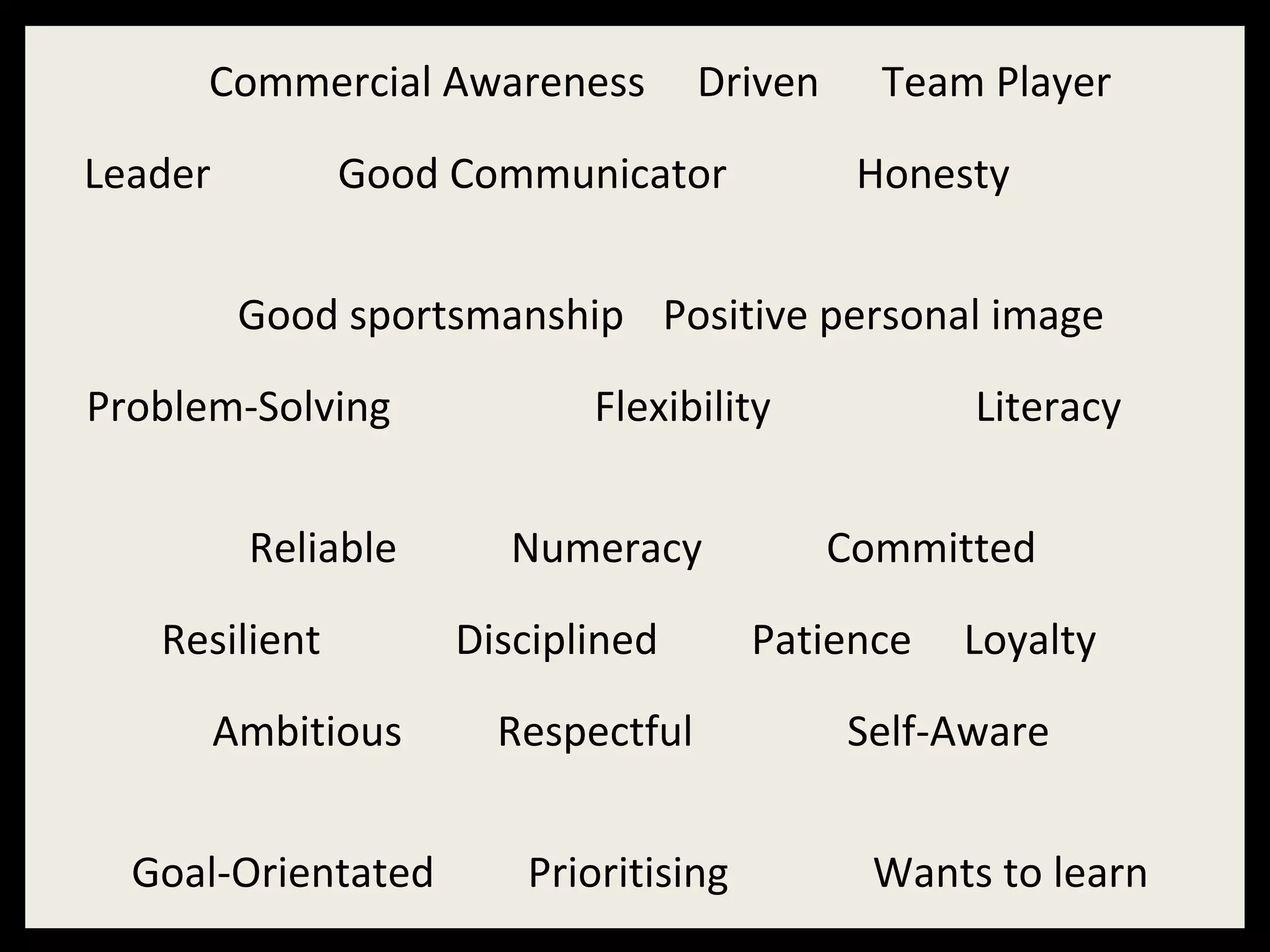 Coaching

Time Management

Commercial Awareness
Leader

Driven

Good Communicator

Motivation
Team Player
Honesty

Good sportsmanship Positive personal image
Problem-Solving
Reliable
Resilient
Ambitious
Goal-Orientated

Flexibility
Numeracy
Disciplined
Respectful
Prioritising

Literacy
Committed

Patience

Loyalty

Self-Aware
Wants to learn

 