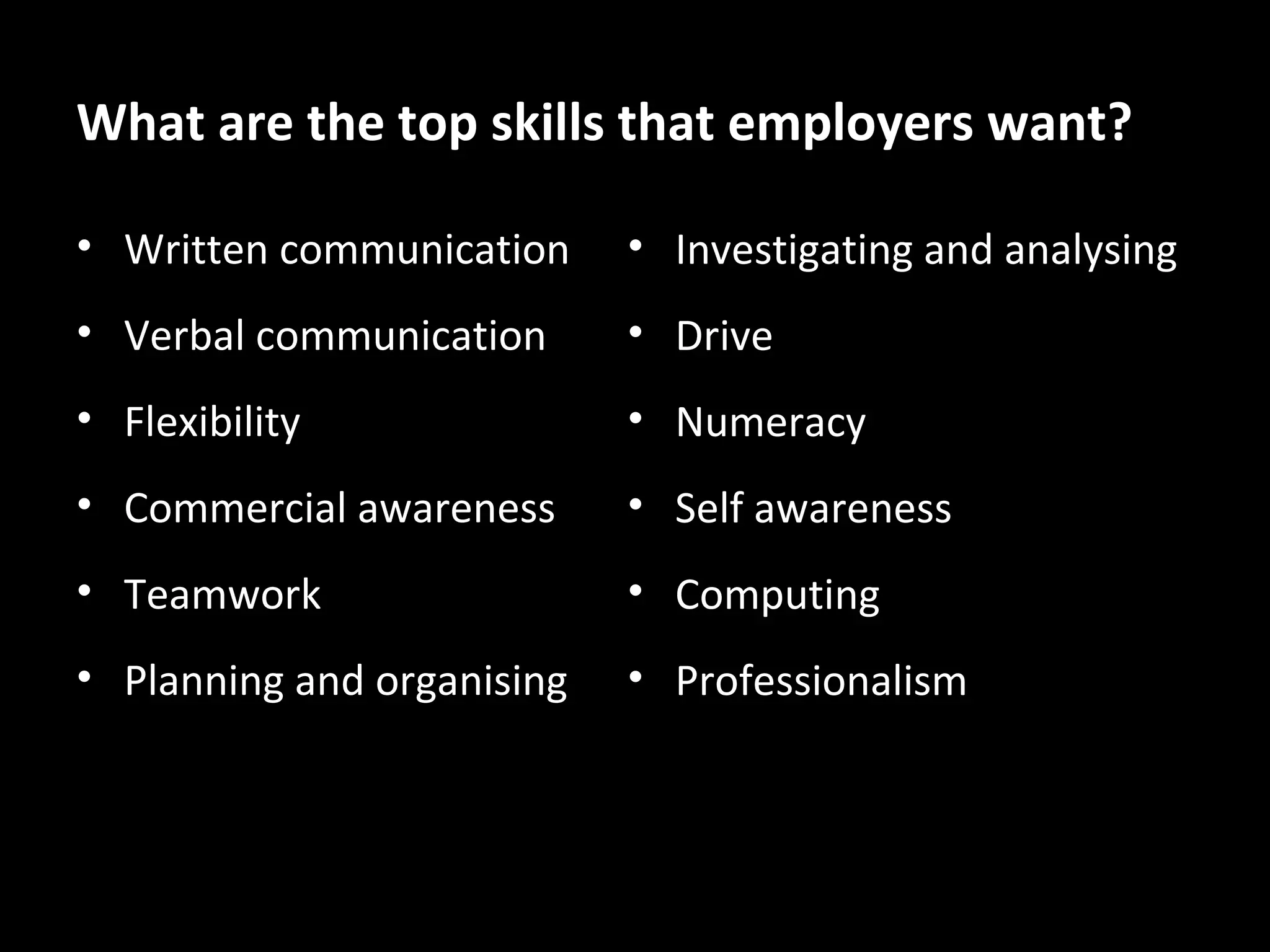 What are the top skills that employers want?
• Written communication

• Investigating and analysing

• Verbal communication

• Drive

• Flexibility

• Numeracy

• Commercial awareness

• Self awareness

• Teamwork

• Computing

• Planning and organising

• Professionalism

 
