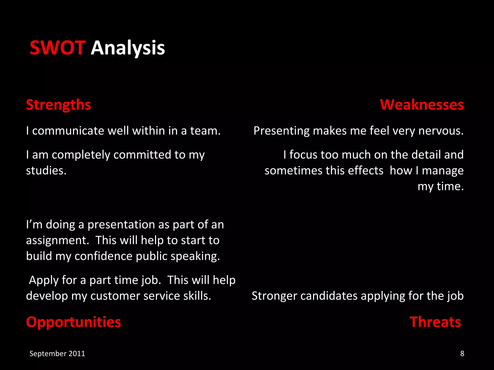 SWOT Analysis
Strengths
I communicate well within in a team.
I am completely committed to my
studies.

Weaknesses
Presenting makes me feel very nervous.
I focus too much on the detail and
sometimes this effects how I manage
my time.

I’m doing a presentation as part of an
assignment. This will help to start to
build my confidence public speaking.
Apply for a part time job. This will help
develop my customer service skills.

Opportunities
September 2011

Stronger candidates applying for the job

Threats
8

 
