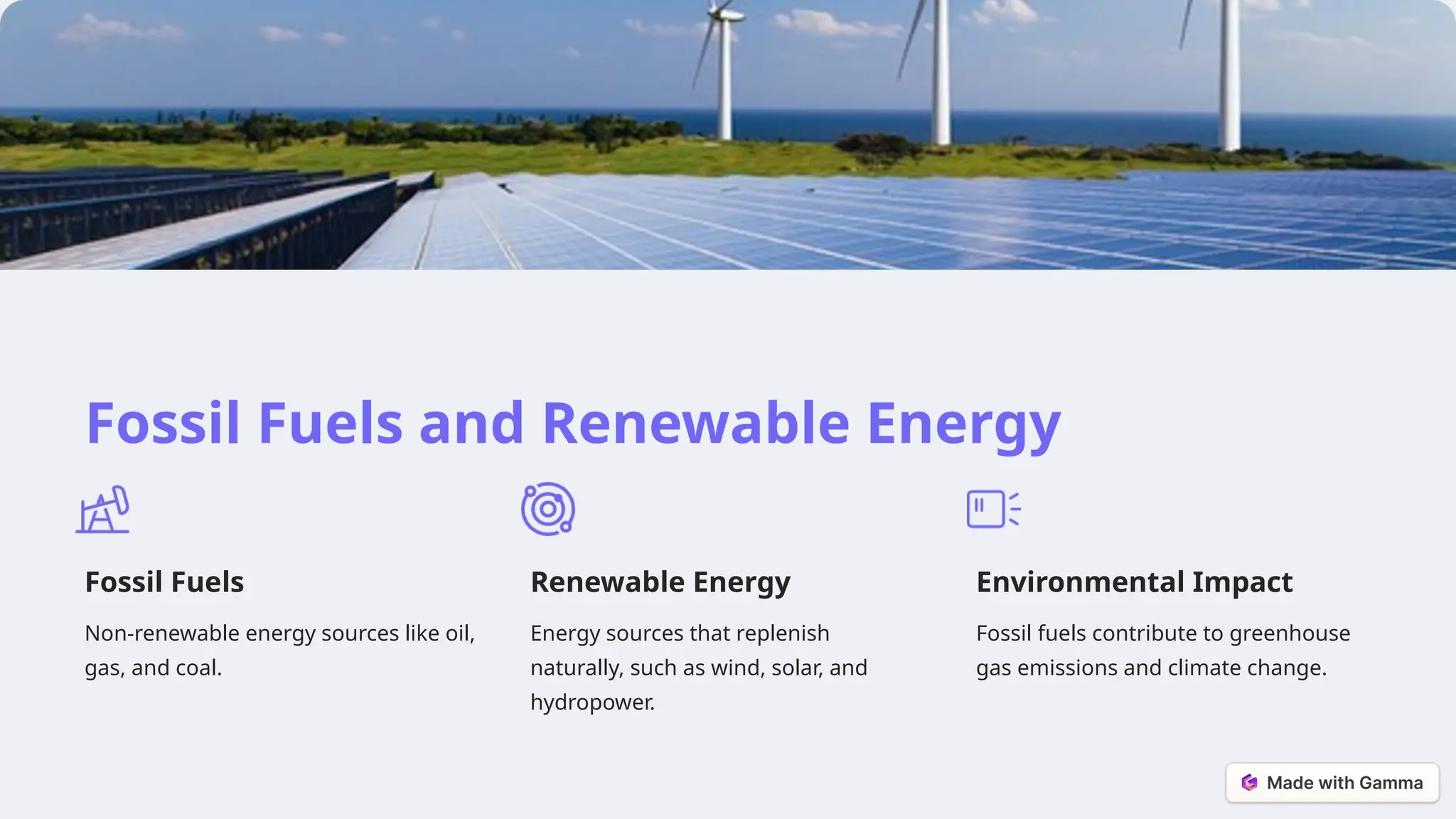 Fossil Fuels and Renewable Energy
Fossil Fuels
Non-renewable energy sources like oil,
gas, and coal.
Renewable Energy
Energy sources that replenish
naturally, such as wind, solar, and
hydropower.
Environmental Impact
Fossil fuels contribute to greenhouse
gas emissions and climate change.
 