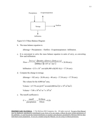 PROPRIETARY MATERIAL. © The McGraw-Hill Companies, Inc. All rights reserved. No part of this Manual
may be displayed, reproduced or distributed in any form or by any means, without the prior written permission of
the publisher, or used beyond the limited distribution to teachers and educators permitted by McGraw-Hill for their
individual course preparation. If you are a student using this Manual, you are using it without permission.
3-3
Figure S-3-3 Mass Balance Diagram
b. The mass balance equation is:
∆Storage = Precipitation - Outflow - Evapotranspiration - Infiltration.
c. It is convenient to solve the mass balance equation in units of cm/y, so converting
flow and infiltration:
( )( )( )( )
( )( ) ycm96.26
kmm101km4000
mcm100yd365ds86400sm2.34
Flow 2262
3
=
×
=
Infiltration = (5.5 x 10-7
cm/s)(86,400 s/d)(365 d/y) = 17.34 cm/y
d. Compute the change in storage.
∆Storage = 102 cm/y - 26.96 cm/y - 40 cm/y - 17.34 cm/y = 17.70 cm/y
The volume for the 4,000 km2
area,
Volume = (17.70 cm/y)(10-2
m/cm)(4,000 km2
)(1 x 106
m2
/km2
)
Volume = 7.08 x 108
m3
or 7 x 108
m3
e. The runoff coefficient is
26.0
cm102
cm96.26
ionprecipitat
runoff
C ===
Storage
Outflow
Precipitation Evapotranspiration
Infiltration
 