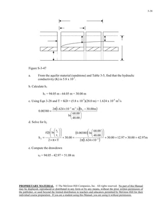 PROPRIETARY MATERIAL. © The McGraw-Hill Companies, Inc. All rights reserved. No part of this Manual
may be displayed, reproduced or distributed in any form or by any means, without the prior written permission of
the publisher, or used beyond the limited distribution to teachers and educators permitted by McGraw-Hill for their
individual course preparation. If you are a student using this Manual, you are using it without permission.
3-38
Figure S-3-47
a. From the aquifer material (sandstone) and Table 3-5, find that the hydraulic
conductivity (K) is 5.8 x 10-7
.
b. Calculate h1
h1 = 94.05 m - 64.05 m = 30.00 m
c. Using Eqn 3-28 and T = KD = (5.8 x 10-7
)(28.0 m) = 1.624 x 10-5
m2
/s
( )( )






−×π
=
−
00.48
00.68
ln
m00.30hsm10624.12
00380.0 2
25
d. Solve for h2
( )
( ) m97.4200.3097.1200.30
10624.12
00.48
00.68
ln00380.0
00.30
T2
r
r
ln)Q(
h 5
1
2
2 =+=+
×π












=+
×π×














= −
e. Compute the drawdown
s2 = 94.05 - 42.97 = 51.08 m
 