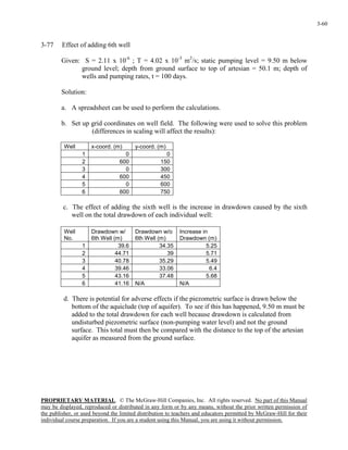 PROPRIETARY MATERIAL. © The McGraw-Hill Companies, Inc. All rights reserved. No part of this Manual
may be displayed, reproduced or distributed in any form or by any means, without the prior written permission of
the publisher, or used beyond the limited distribution to teachers and educators permitted by McGraw-Hill for their
individual course preparation. If you are a student using this Manual, you are using it without permission.
3-60
3-77 Effect of adding 6th well
Given: S = 2.11 x 10-6
; T = 4.02 x 10-3
m2
/s; static pumping level = 9.50 m below
ground level; depth from ground surface to top of artesian = 50.1 m; depth of
wells and pumping rates, t = 100 days.
Solution:
a. A spreadsheet can be used to perform the calculations.
b. Set up grid coordinates on well field. The following were used to solve this problem
(differences in scaling will affect the results):
Well x-coord. (m) y-coord. (m)
1 0 0
2 600 150
3 0 300
4 600 450
5 0 600
6 600 750
c. The effect of adding the sixth well is the increase in drawdown caused by the sixth
well on the total drawdown of each individual well:
Well
No.
Drawdown w/
6th Well (m)
Drawdown w/o
6th Well (m)
Increase in
Drawdown (m)
1 39.6 34.35 5.25
2 44.71 39 5.71
3 40.78 35.29 5.49
4 39.46 33.06 6.4
5 43.16 37.48 5.68
6 41.16 N/A N/A
d. There is potential for adverse effects if the piezometric surface is drawn below the
bottom of the aquiclude (top of aquifer). To see if this has happened, 9.50 m must be
added to the total drawdown for each well because drawdown is calculated from
undisturbed piezometric surface (non-pumping water level) and not the ground
surface. This total must then be compared with the distance to the top of the artesian
aquifer as measured from the ground surface.
 