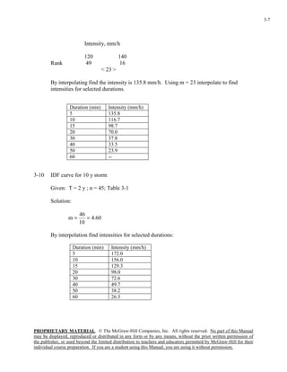 PROPRIETARY MATERIAL. © The McGraw-Hill Companies, Inc. All rights reserved. No part of this Manual
may be displayed, reproduced or distributed in any form or by any means, without the prior written permission of
the publisher, or used beyond the limited distribution to teachers and educators permitted by McGraw-Hill for their
individual course preparation. If you are a student using this Manual, you are using it without permission.
3-7
Intensity, mm/h
120 140
Rank 49 16
< 23 >
By interpolating find the intensity is 135.8 mm/h. Using m = 23 interpolate to find
intensities for selected durations.
Duration (min) Intensity (mm/h)
5 135.8
10 116.7
15 98.7
20 70.0
30 37.8
40 33.5
50 23.9
60 --
3-10 IDF curve for 10 y storm
Given: T = 2 y ; n = 45; Table 3-1
Solution:
60.4
10
46
m ==
By interpolation find intensities for selected durations:
Duration (min) Intensity (mm/h)
5 172.0
10 156.0
15 129.3
20 98.0
30 72.6
40 49.7
50 38.2
60 26.3
 