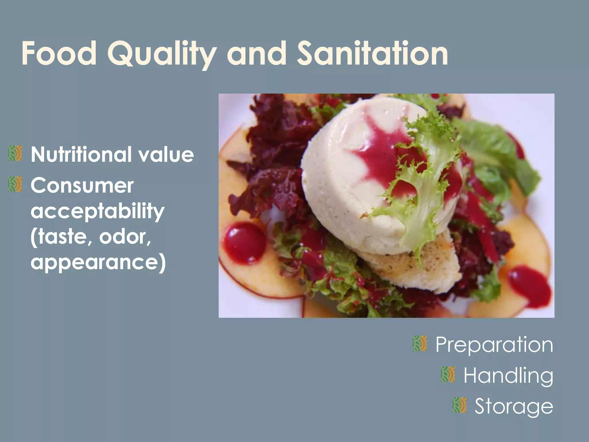 Food Quality and Sanitation Nutritional value Consumer acceptability (taste, odor, appearance) Preparation Handling Storage 
