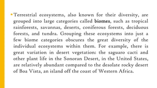 Terrestrial ecosystems, also known for their diversity, are
grouped into large categories called biomes, such as tropical
rainforests, savannas, deserts, coniferous forests, deciduous
forests, and tundra. Grouping these ecosystems into just a
few biome categories obscures the great diversity of the
individual ecosystems within them. For example, there is
great variation in desert vegetation: the saguaro cacti and
other plant life in the Sonoran Desert, in the United States,
are relatively abundant compared to the desolate rocky desert
of Boa Vista, an island off the coast of Western Africa.
 