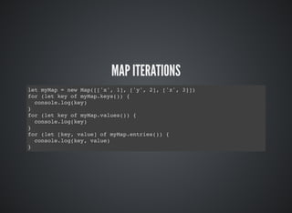 MAP ITERATIONS
let myMap = new Map([['x', 1], ['y', 2], ['z', 3]])
for (let key of myMap.keys()) {
console.log(key)
}
for (let key of myMap.values()) {
console.log(key)
}
for (let [key, value] of myMap.entries()) {
console.log(key, value)
}
 