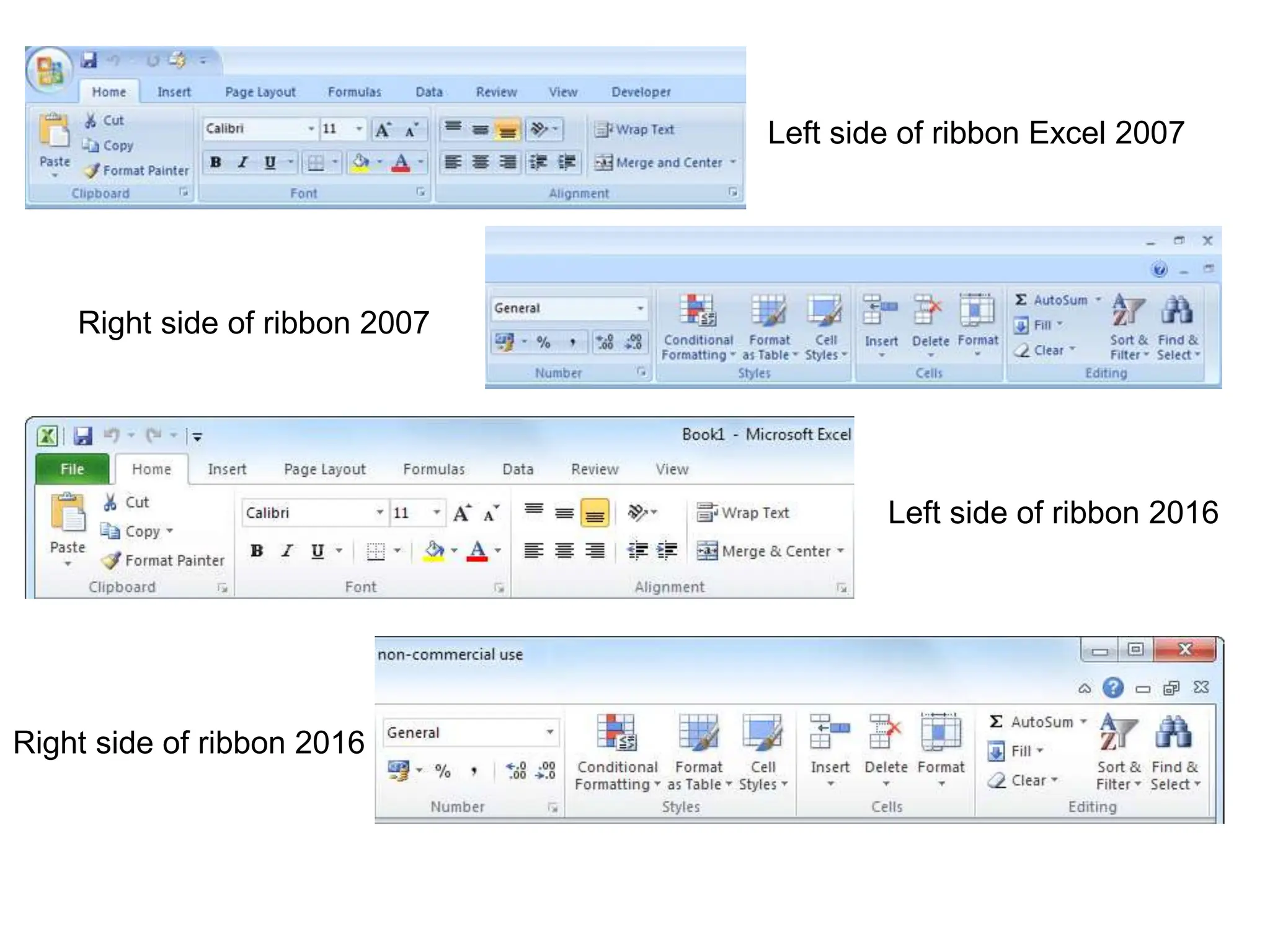 Left side of ribbon Excel 2007 Right side of ribbon 2007 Left side of ribbon 2016 Right side of ribbon 2016