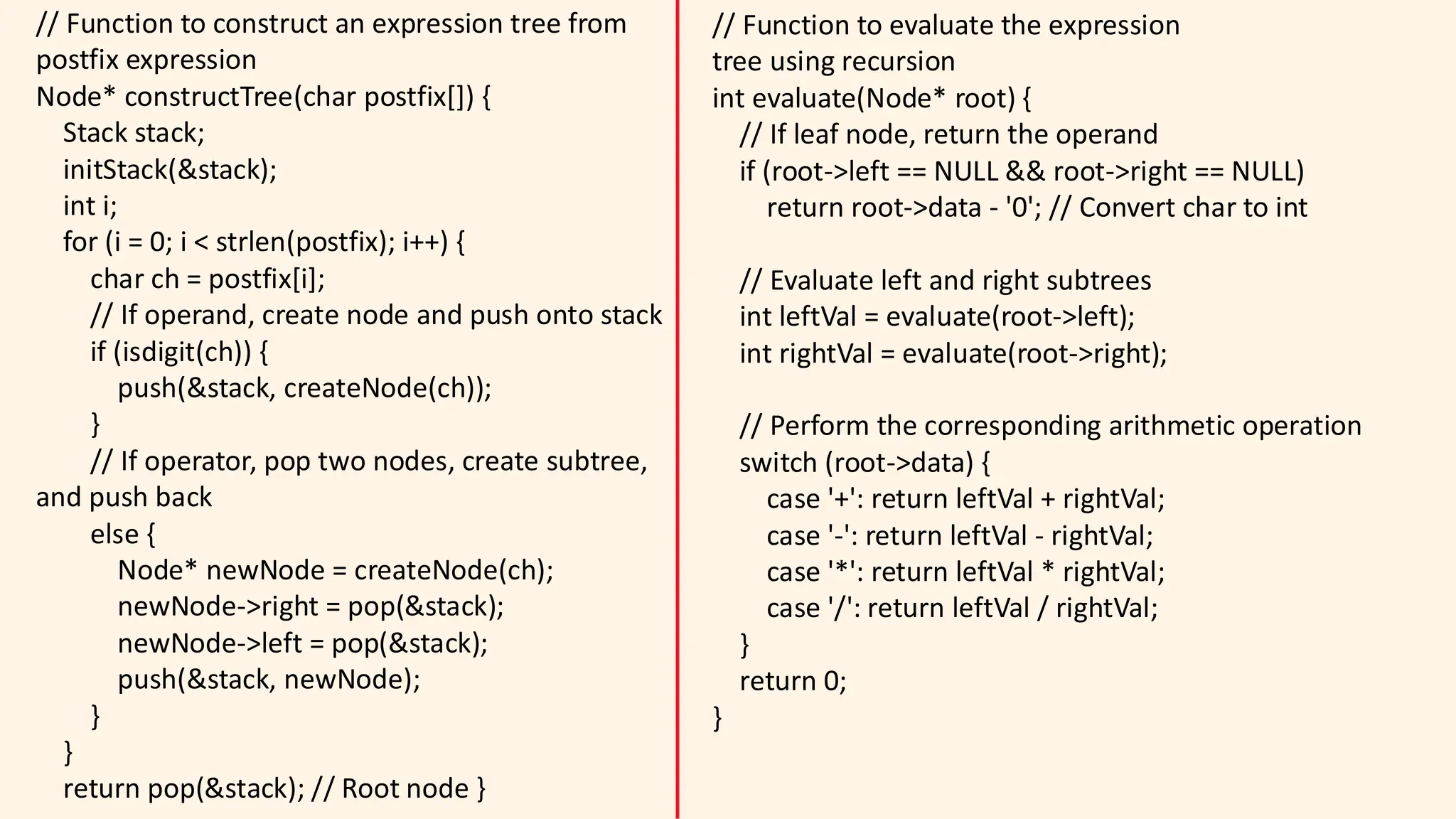 // Function to construct an expression tree from
postfix expression
Node* constructTree(char postfix[]) {
Stack stack;
initStack(&stack);
int i;
for (i = 0; i < strlen(postfix); i++) {
char ch = postfix[i];
// If operand, create node and push onto stack
if (isdigit(ch)) {
push(&stack, createNode(ch));
}
// If operator, pop two nodes, create subtree,
and push back
else {
Node* newNode = createNode(ch);
newNode->right = pop(&stack);
newNode->left = pop(&stack);
push(&stack, newNode);
}
}
return pop(&stack); // Root node }
// Function to evaluate the expression
tree using recursion
int evaluate(Node* root) {
// If leaf node, return the operand
if (root->left == NULL && root->right == NULL)
return root->data - '0'; // Convert char to int
// Evaluate left and right subtrees
int leftVal = evaluate(root->left);
int rightVal = evaluate(root->right);
// Perform the corresponding arithmetic operation
switch (root->data) {
case '+': return leftVal + rightVal;
case '-': return leftVal - rightVal;
case '*': return leftVal * rightVal;
case '/': return leftVal / rightVal;
}
return 0;
}
 