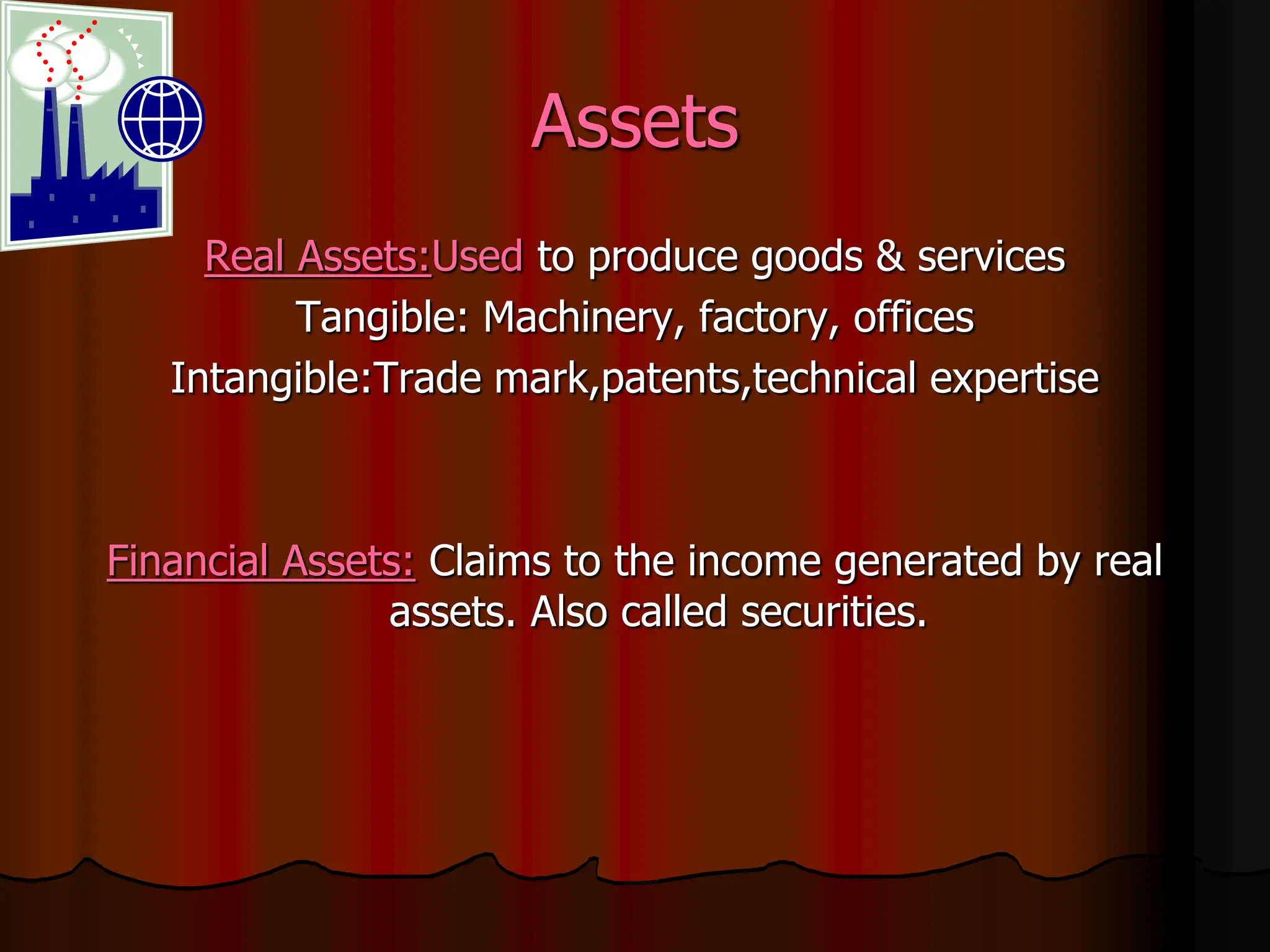 Assets
Real Assets:Used to produce goods & services
Tangible: Machinery, factory, offices
Intangible:Trade mark,patents,technical expertise
Financial Assets: Claims to the income generated by real
assets. Also called securities.
 