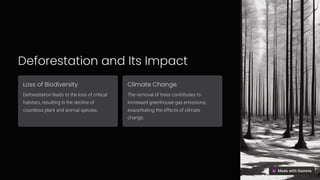 Deforestation and Its Impact
Loss of Biodiversity
Deforestation leads to the loss of critical
habitats, resulting in the decline of
countless plant and animal species.
Climate Change
The removal of trees contributes to
increased greenhouse gas emissions,
exacerbating the effects of climate
change.
 