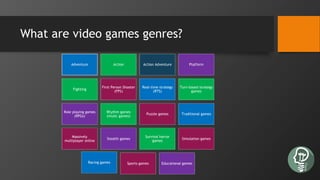 What are video games genres?
Adventure Action Action Adventure Platform
Fighting
First Person Shooter
(FPS)
Real-time strategy
(RTS)
Turn-based strategy
games
Role playing games
(RPGs)
Rhythm games
(music games)
Puzzle games Traditional games
Massively
multiplayer online
Stealth games
Survival horror
games
Simulation games
Racing games Sports games Educational games
 