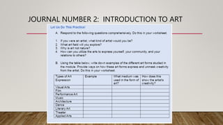 JOURNAL NUMBER 2: INTRODUCTION TO ART
 