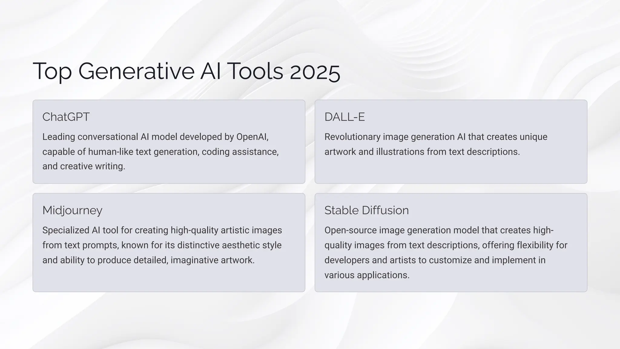 Top Generative AI Tools 2025
ChatGPT
Leading conversational AI model developed by OpenAI,
capable of human-like text generation, coding assistance,
and creative writing.
DALL-E
Revolutionary image generation AI that creates unique
artwork and illustrations from text descriptions.
Midjourney
Specialized AI tool for creating high-quality artistic images
from text prompts, known for its distinctive aesthetic style
and ability to produce detailed, imaginative artwork.
Stable Diffusion
Open-source image generation model that creates high-
quality images from text descriptions, offering flexibility for
developers and artists to customize and implement in
various applications.
 