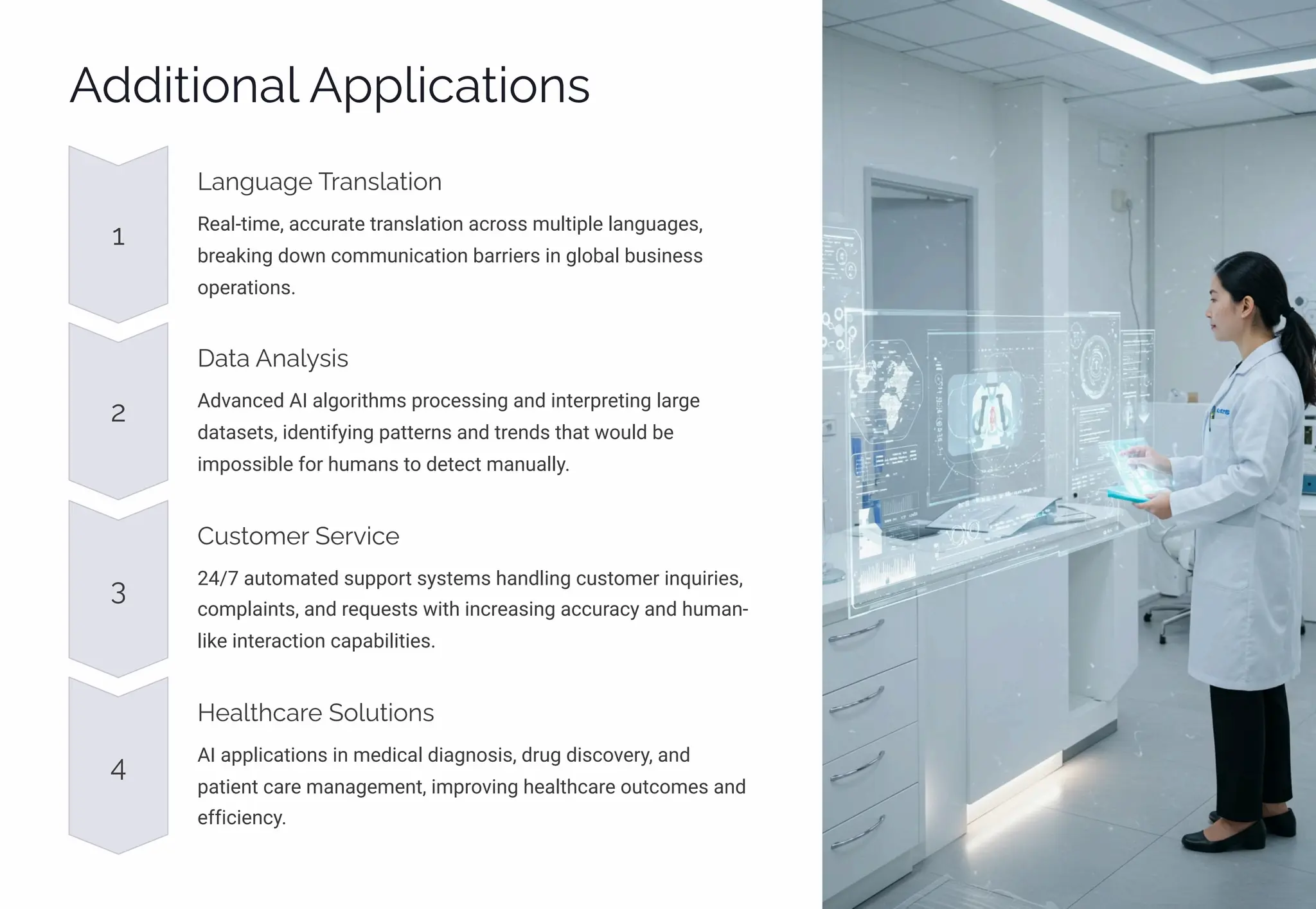 Ajj•ø•¾µa« Aáá«•caø•¾µì
1
Laµ‰ a‰p Täaµì«aø•¾µ
Real-time, accurate translation across multiple languages,
breaking down communication barriers in global business
operations.
2
Daøa Aµa«ì•ì
Advanced AI algorithms processing and interpreting large
datasets, identifying patterns and trends that would be
impossible for humans to detect manually.
3
C ìø¾³pä Spä•cp
24/7 automated support systems handling customer inquiries,
complaints, and requests with increasing accuracy and human-
like interaction capabilities.
4
Hpa«øcaäp S¾« ø•¾µì
AI applications in medical diagnosis, drug discovery, and
patient care management, improving healthcare outcomes and
efficiency.
 