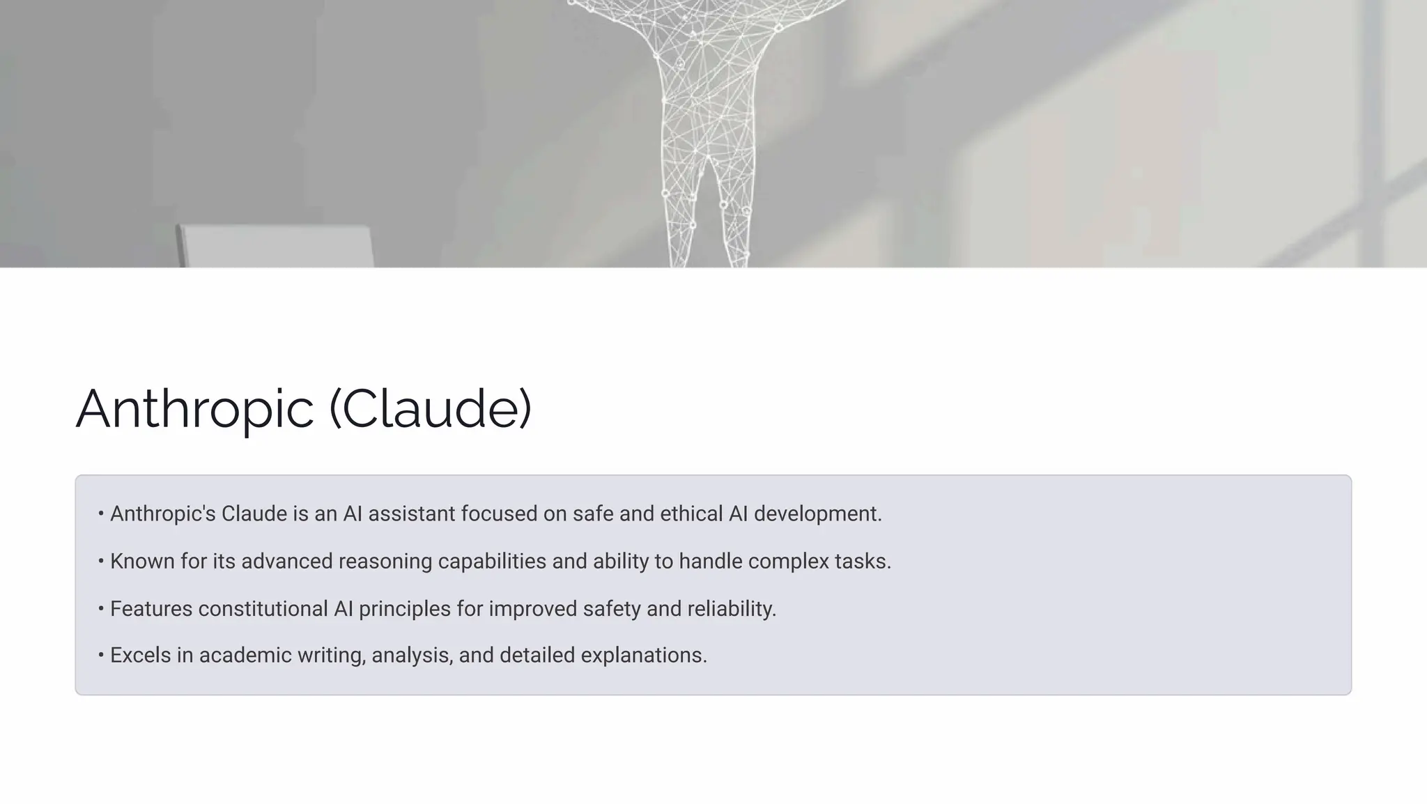Aµøä¾á•c (C«a jp)
• Anthropic's Claude is an AI assistant focused on safe and ethical AI development.
• Known for its advanced reasoning capabilities and ability to handle complex tasks.
• Features constitutional AI principles for improved safety and reliability.
• Excels in academic writing, analysis, and detailed explanations.
 
