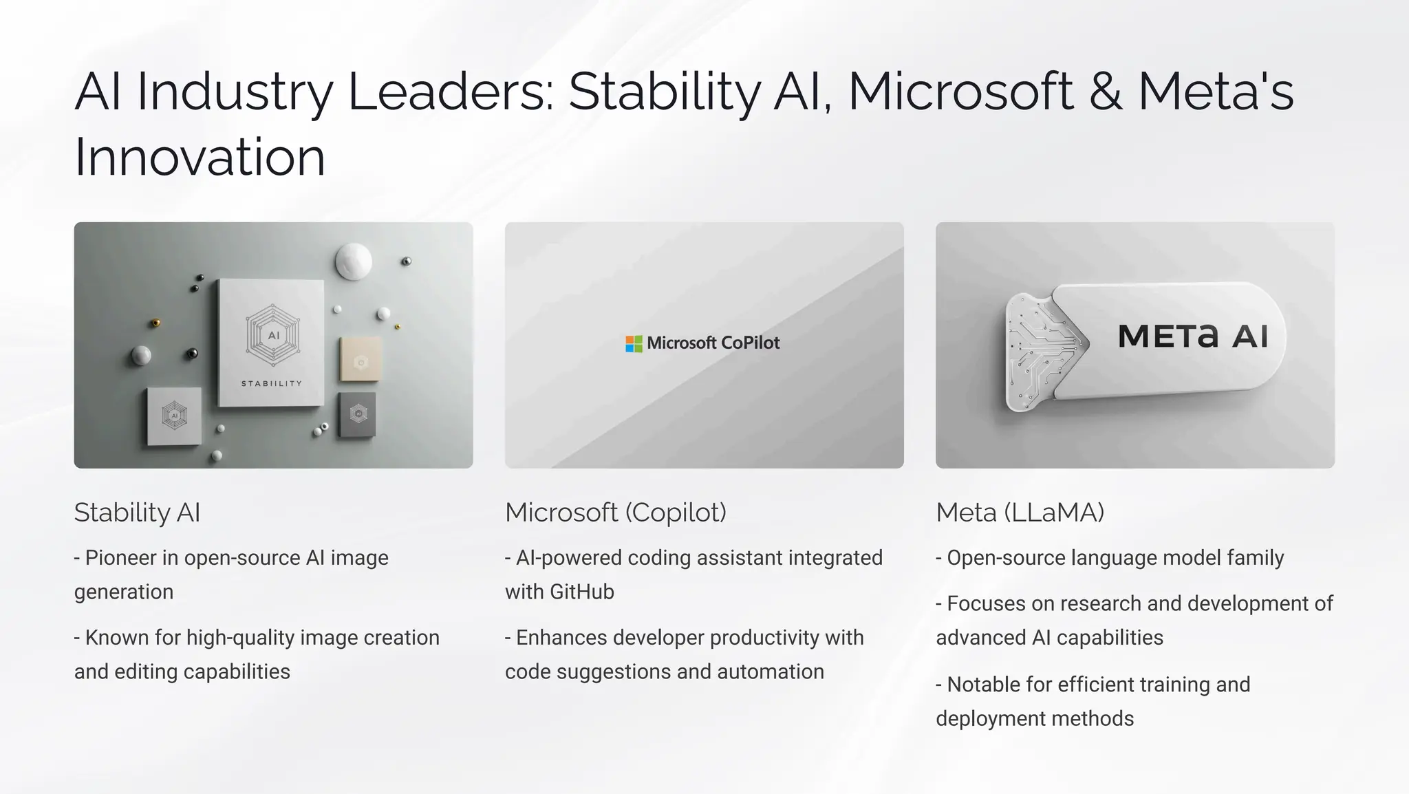 AI Iµj ìøä Lpajpäì: Søab•«•ø AI, M•cä¾ì¾ˆø  Mpøa'ì
Iµµ¾aø•¾µ
Søab•«•ø AI
- Pioneer in open-source AI image
generation
- Known for high-quality image creation
and editing capabilities
M•cä¾ì¾ˆø (C¾á•«¾ø)
- AI-powered coding assistant integrated
with GitHub
- Enhances developer productivity with
code suggestions and automation
Mpøa (LLaMA)
- Open-source language model family
- Focuses on research and development of
advanced AI capabilities
- Notable for efficient training and
deployment methods
 