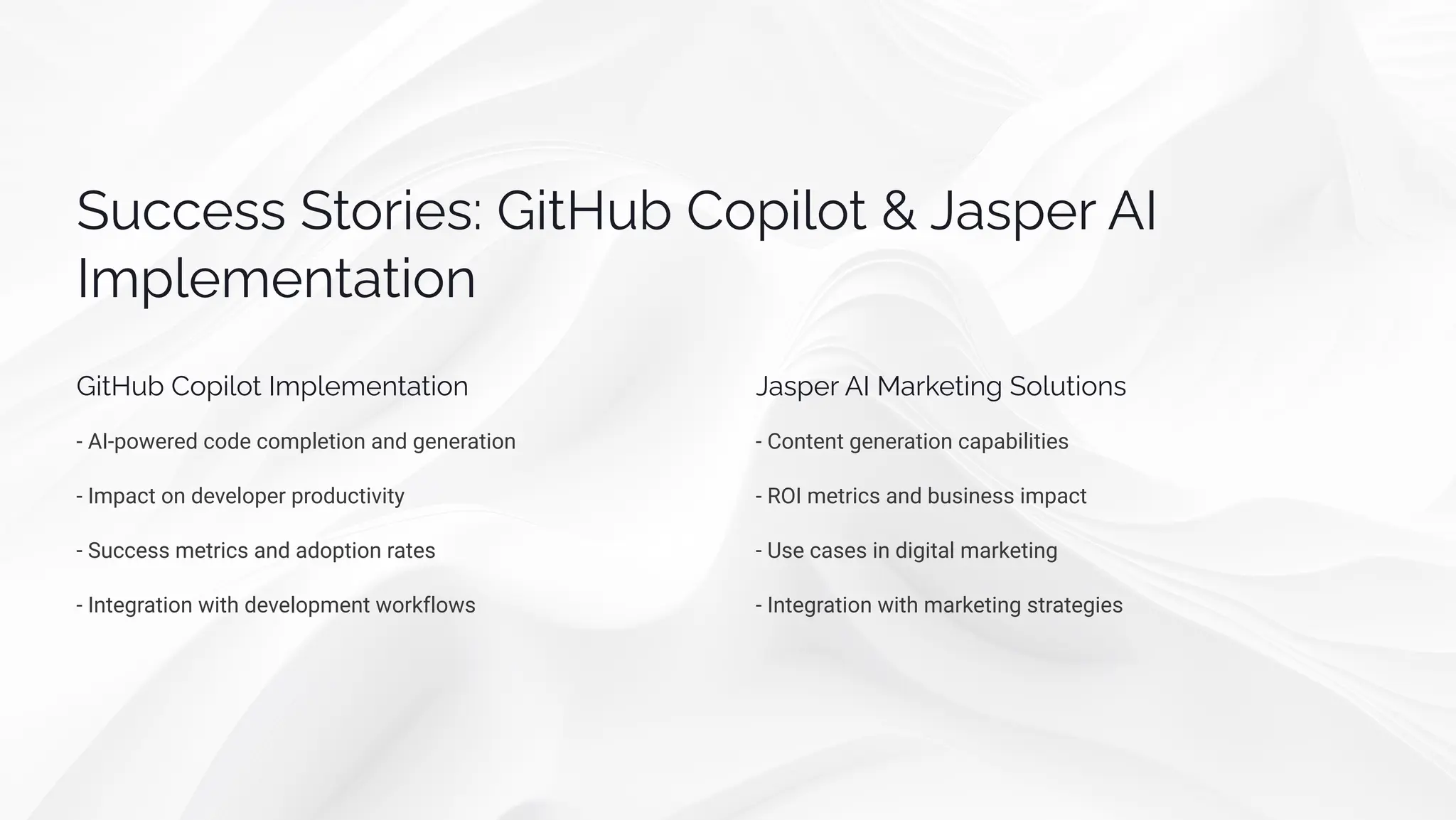 S ccpìì Sø¾ä•pì: G•øH b C¾á•«¾ø  Jaìápä AI
I³á«p³pµøaø•¾µ
G•øH b C¾á•«¾ø I³á«p³pµøaø•¾µ
- AI-powered code completion and generation
- Impact on developer productivity
- Success metrics and adoption rates
- Integration with development workflows
Jaìápä AI Maä¨pø•µ‰ S¾« ø•¾µì
- Content generation capabilities
- ROI metrics and business impact
- Use cases in digital marketing
- Integration with marketing strategies
 