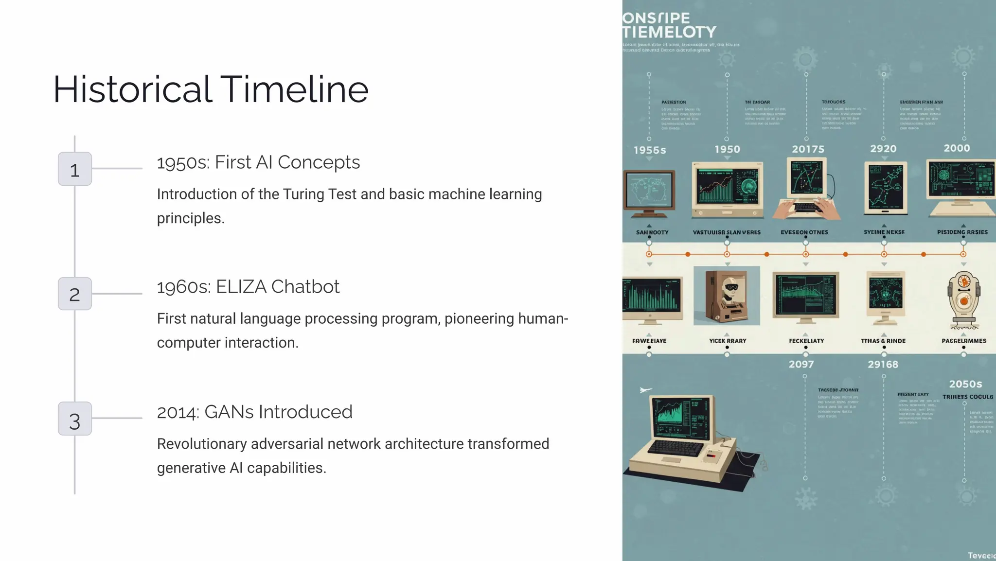 H•ìø¾ä•ca« T•³p«•µp
1 1950ì: F•äìø AI C¾µcpáøì
Introduction of the Turing Test and basic machine learning
principles.
2 1960ì: ELIZA Caøb¾ø
First natural language processing program, pioneering human-
computer interaction.
3 2014: GANì Iµøä¾j cpj
Revolutionary adversarial network architecture transformed
generative AI capabilities.
 