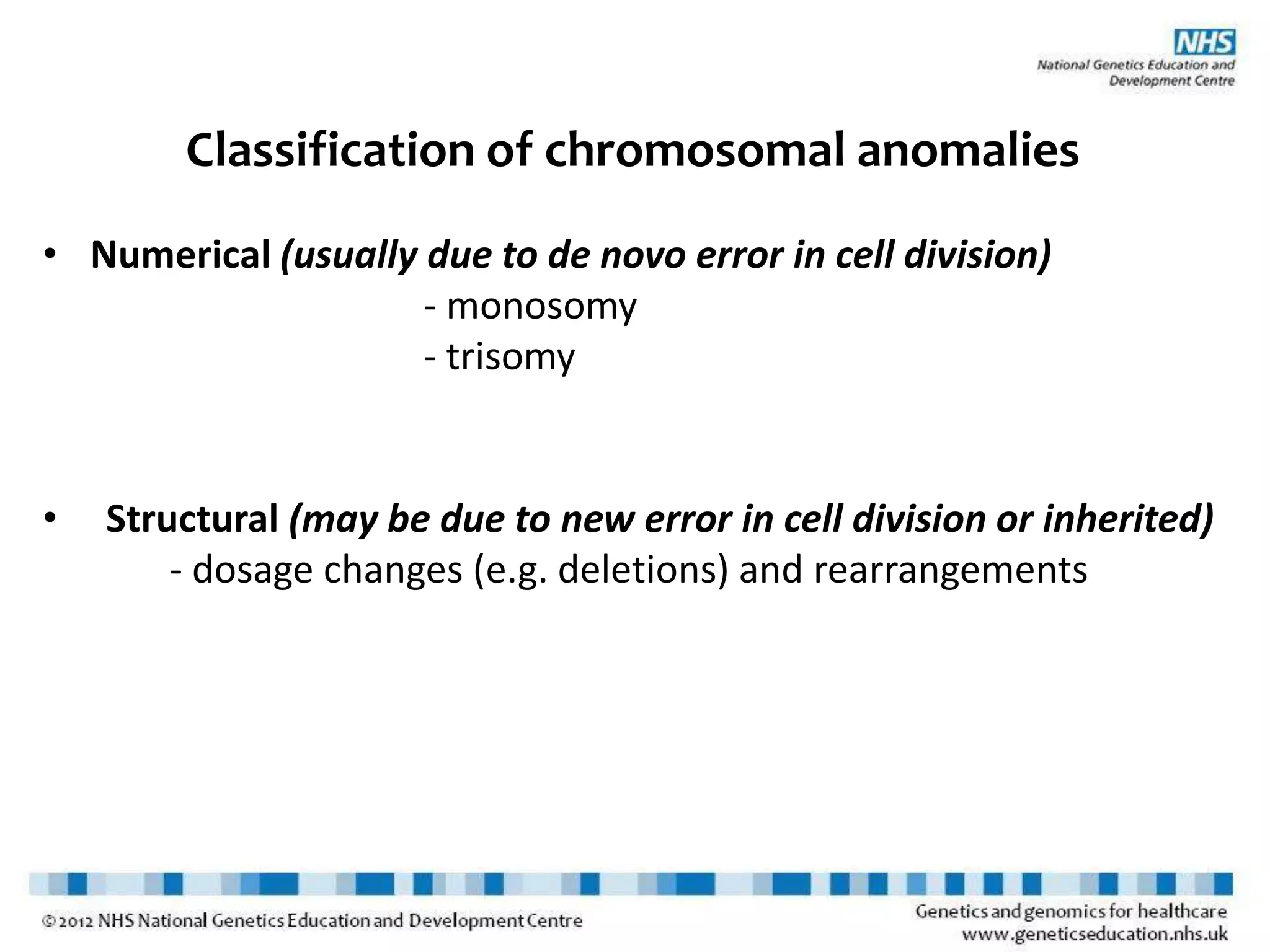 Classification of chromosomal anomalies
• Numerical (usually due to de novo error in cell division)
- monosomy
- trisomy
• Structural (may be due to new error in cell division or inherited)
- dosage changes (e.g. deletions) and rearrangements
 