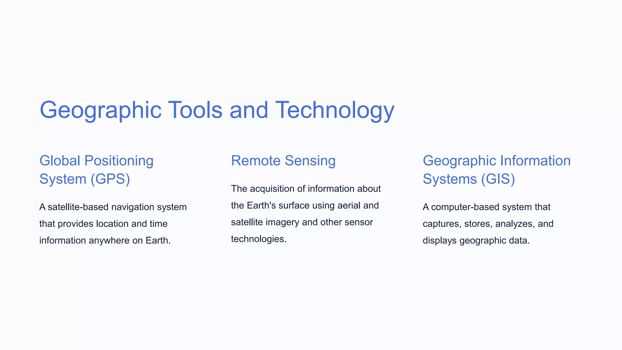 Geographic Tools and Technology
Global Positioning
System (GPS)
A satellite-based navigation system
that provides location and time
information anywhere on Earth.
Remote Sensing
The acquisition of information about
the Earth's surface using aerial and
satellite imagery and other sensor
technologies.
Geographic Information
Systems (GIS)
A computer-based system that
captures, stores, analyzes, and
displays geographic data.
 