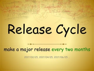 Release Cycle
make a major release every two months
2017/02/25, 2017/04/25, 2017/06/25 …
 