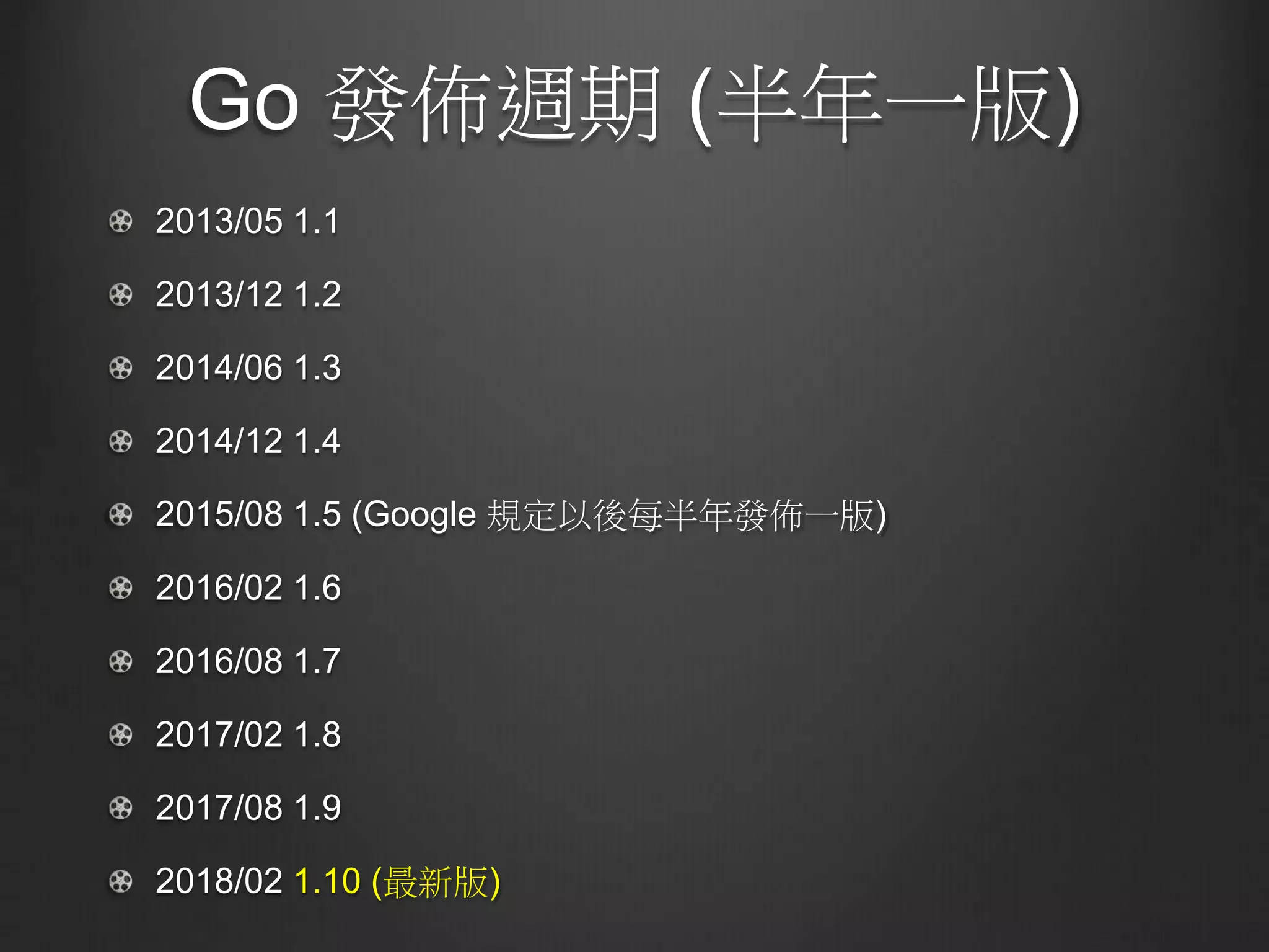 Go 發佈週期 (半年一版)
2013/05 1.1
2013/12 1.2
2014/06 1.3
2014/12 1.4
2015/08 1.5 (Google 規定以後每半年發佈一版)
2016/02 1.6
2016/08 1.7
2017/02 1.8
2017/08 1.9
2018/02 1.10 (最新版)
 