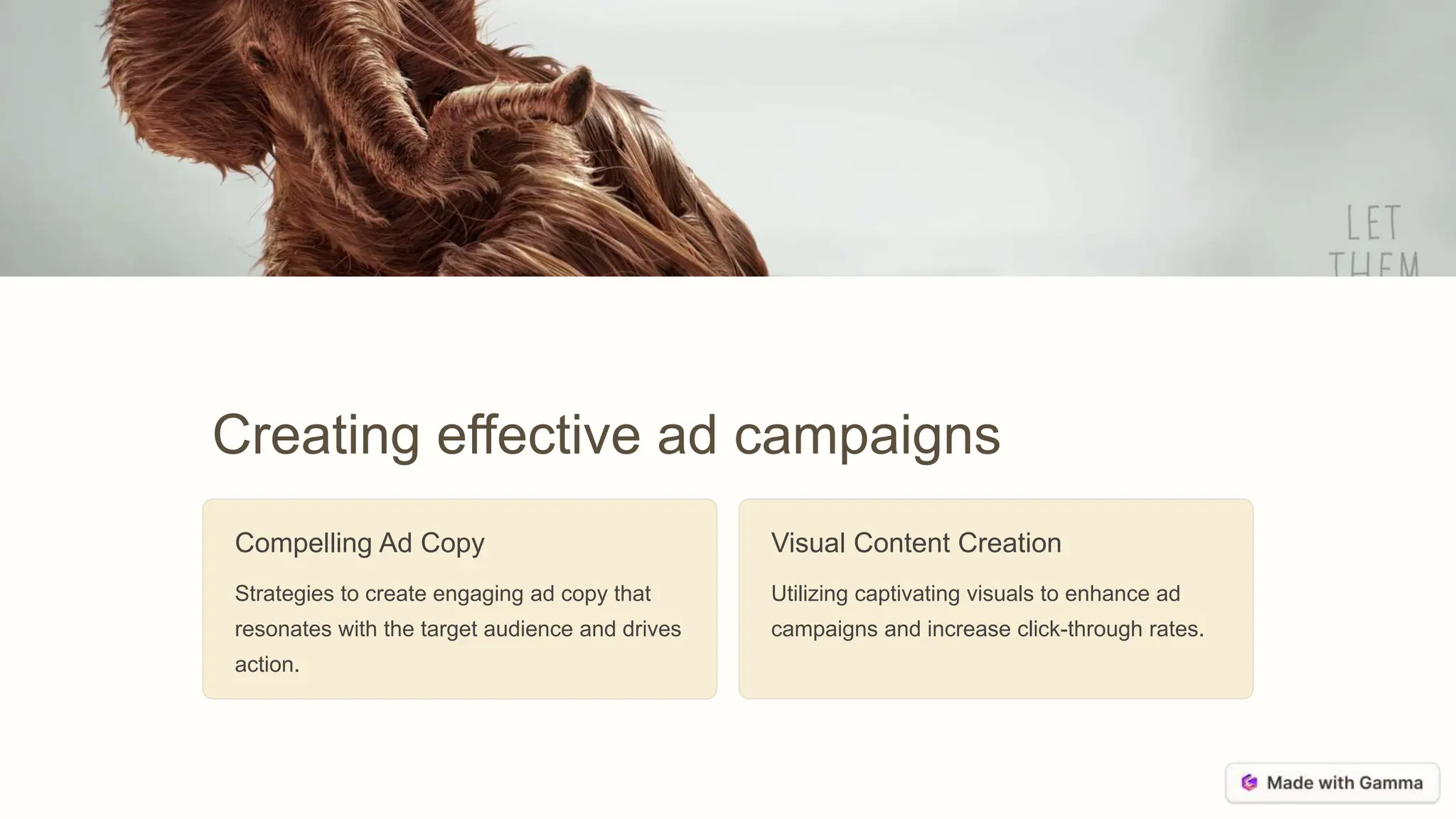 Creating effective ad campaigns
Compelling Ad Copy
Strategies to create engaging ad copy that
resonates with the target audience and drives
action.
Visual Content Creation
Utilizing captivating visuals to enhance ad
campaigns and increase click-through rates.
 
