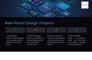 Real-World Design Projects
1 2 3 4
Logo Design
Create a visually appealing
and memorable logo that
represents a company's
brand.
Website Design
Design a user-friendly and
visually engaging website
that meets specific
business needs.
Brochure Design
Create a visually appealing
and informative brochure
that promotes products or
services.
Poster Design
Design a eye-catching
poster that effectively
communicates a message
and attracts attention.
 