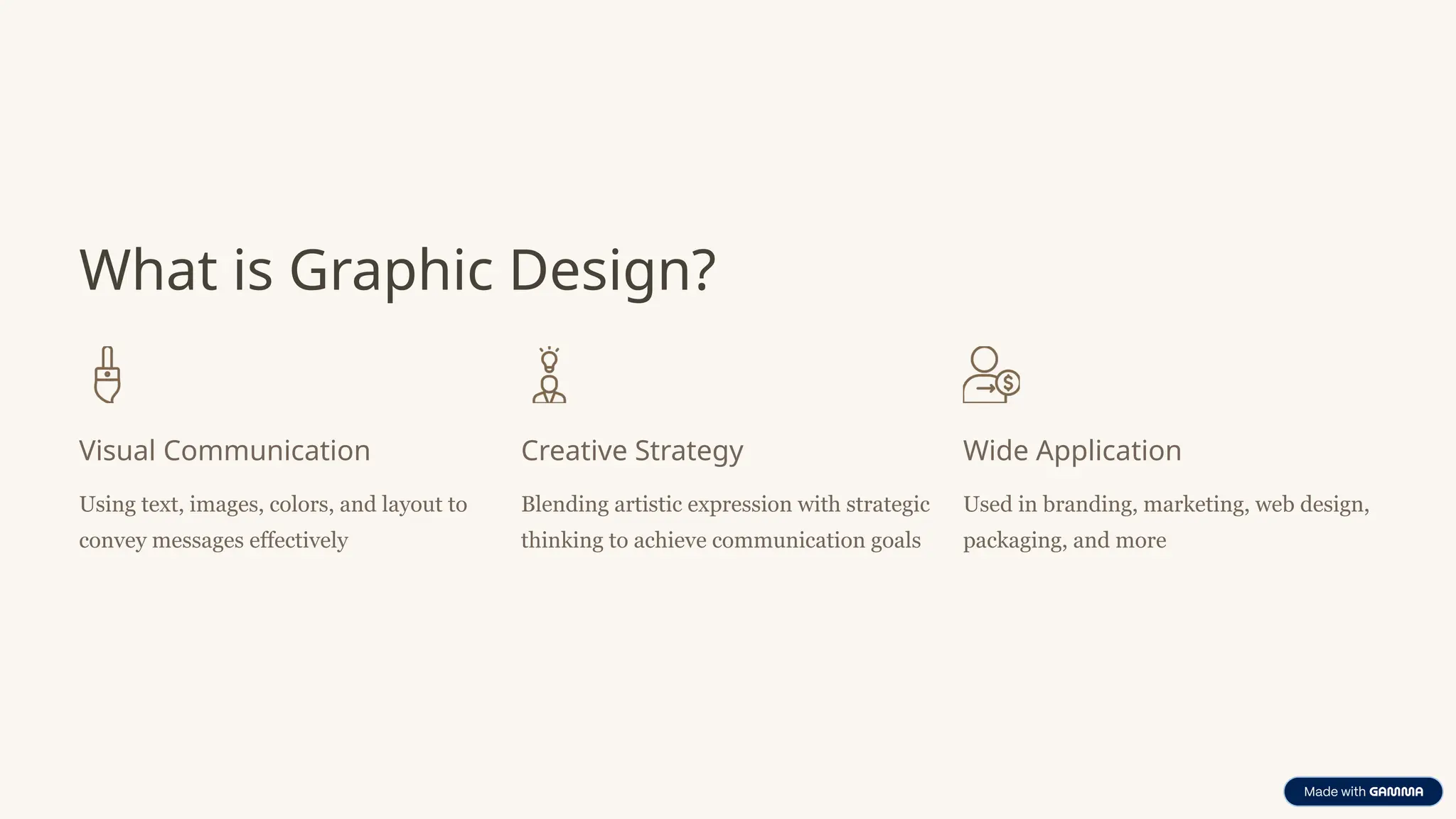 What is Graphic Design?
Visual Communication
Using text, images, colors, and layout to
convey messages effectively
Creative Strategy
Blending artistic expression with strategic
thinking to achieve communication goals
Wide Application
Used in branding, marketing, web design,
packaging, and more
 