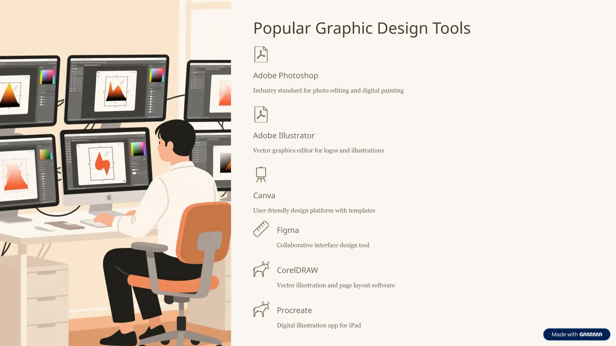 Popular Graphic Design Tools
Adobe Photoshop
Industry standard for photo editing and digital painting
Adobe Illustrator
Vector graphics editor for logos and illustrations
Canva
User-friendly design platform with templates
Figma
Collaborative interface design tool
CorelDRAW
Vector illustration and page layout software
Procreate
Digital illustration app for iPad
 