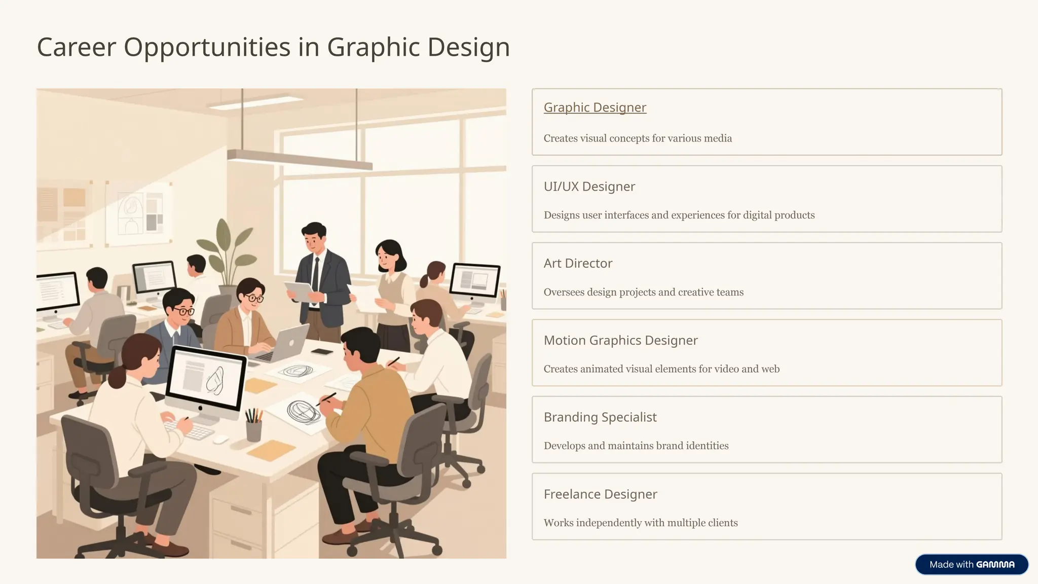 Career Opportunities in Graphic Design
Graphic Designer
Creates visual concepts for various media
UI/UX Designer
Designs user interfaces and experiences for digital products
Art Director
Oversees design projects and creative teams
Motion Graphics Designer
Creates animated visual elements for video and web
Branding Specialist
Develops and maintains brand identities
Freelance Designer
Works independently with multiple clients
 