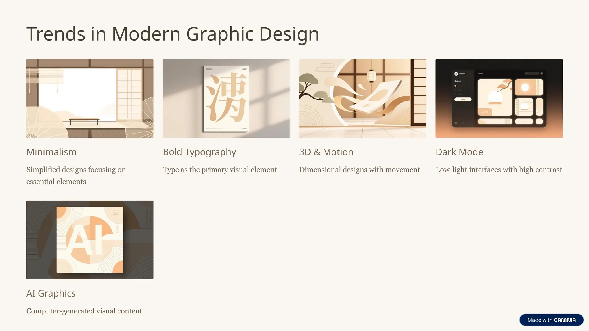 Trends in Modern Graphic Design
Minimalism
Simplified designs focusing on
essential elements
Bold Typography
Type as the primary visual element
3D & Motion
Dimensional designs with movement
Dark Mode
Low-light interfaces with high contrast
AI Graphics
Computer-generated visual content
 