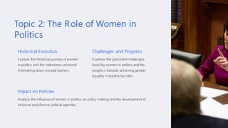 Topic 2: The Role of Women in
Politics
Historical Evolution
Explore the historical journey of women
in politics and the milestones achieved
in breaking down societal barriers.
Challenges and Progress
Examine the persistent challenges
faced by women in politics and the
progress towards achieving gender
equality in leadership roles.
Impact on Policies
Analyse the influence of women in politics on policy-making and the development of
inclusive and diverse political agendas.
 