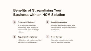 Benefits of Streamlining Your
Business with an HCM Solution
1 Enhanced Efficiency
An HCM solution streamlines
administrative tasks, allowing HR
professionals to focus on strategic
initiatives.
2 Insightful Analytics
Access to real-time data enables better
decision-making and proactive workforce
management.
3 Regulatory Compliance
HCM systems help in adhering to labor
laws, reducing compliance risks.
4 Cost Savings
Automation and optimization lead to
reduced operational expenses.
 