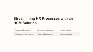 Streamlining HR Processes with an
HCM Solution
Recruiting & Onboarding Performance Management Payroll & Benefits
Attendance & Time Tracking Training & Development Workforce Analytics
 