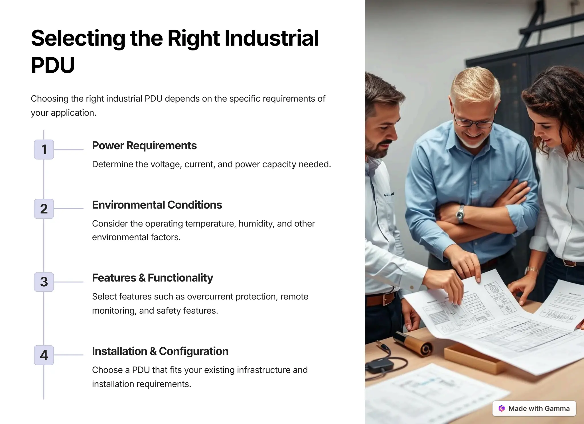 SelectingtheRightIndustrial
PDU
Choosing the right industrial PDU depends on the specific requirements of
your application.
1 PowerRequirements
Determine the voltage, current, and power capacity needed.
2 EnvironmentalConditions
Consider the operating temperature, humidity, and other
environmental factors.
3 Features&Functionality
Select features such as overcurrent protection, remote
monitoring, and safety features.
4 Installation&Configuration
Choose a PDU that fits your existing infrastructure and
installation requirements.
 
