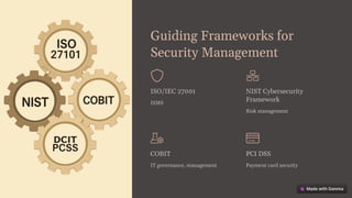 Guiding Frameworks for
Security Management
ISO/IEC 27001
ISMS
NIST Cybersecurity
Framework
Risk management
COBIT
IT governance, management
PCI DSS
Payment card security
 