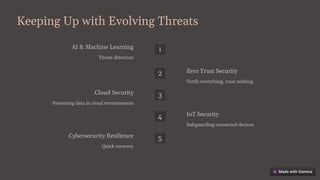 Keeping Up with Evolving Threats
1
AI & Machine Learning
Threat detection
2 Zero Trust Security
Verify everything, trust nothing
3
Cloud Security
Protecting data in cloud environments
4 IoT Security
Safeguarding connected devices
5
Cybersecurity Resilience
Quick recovery
 