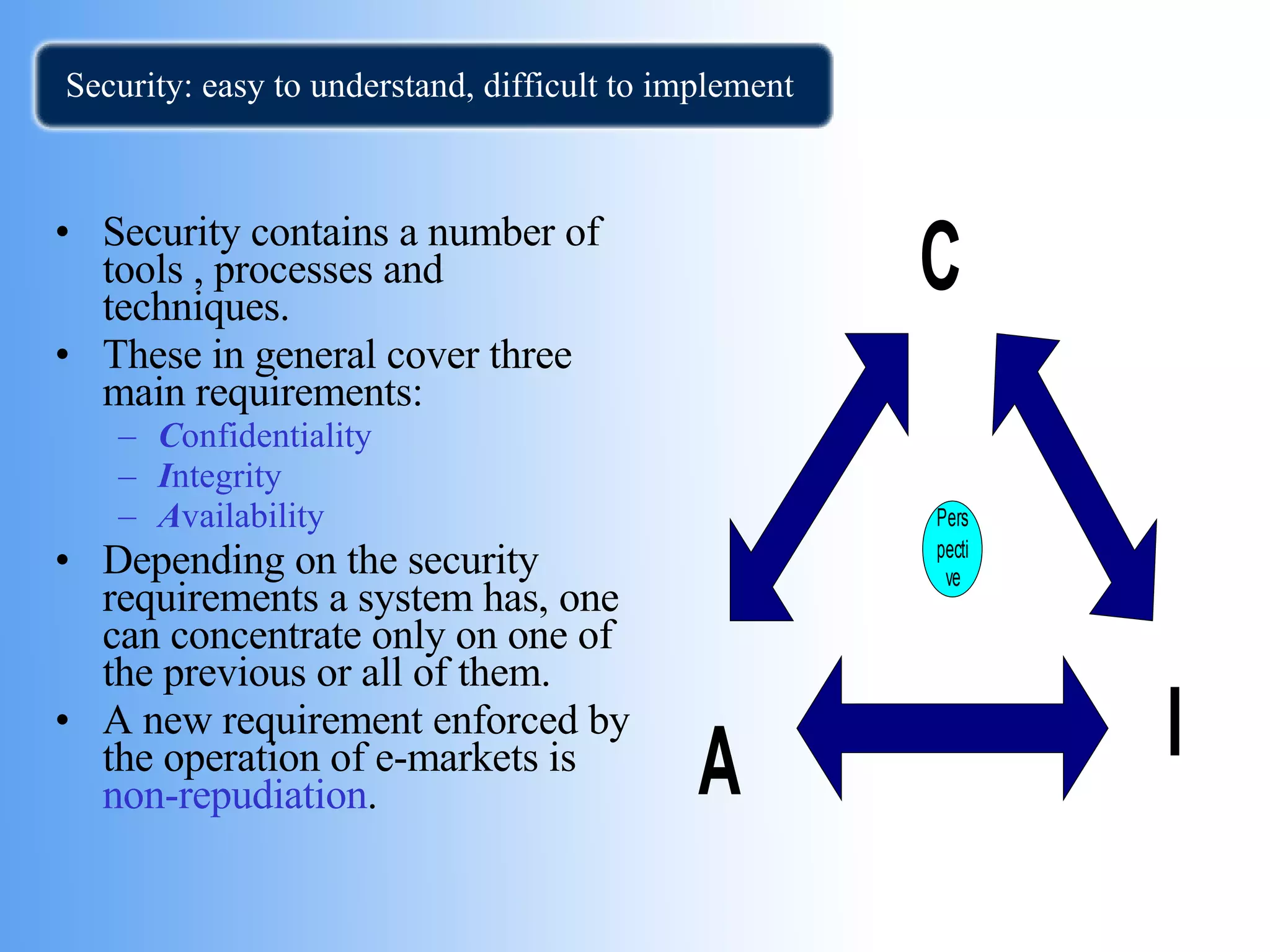 Security: easy to understand, difficult to implement Security contains a number of tools , processes and techniques.  These in general cover three main requirements: C onfidentiality I ntegrity A vailability  Depending on the security requirements a system has, one can concentrate only on one of the previous or all of them. A new requirement enforced by the operation of e-markets is  non-repudiation . 