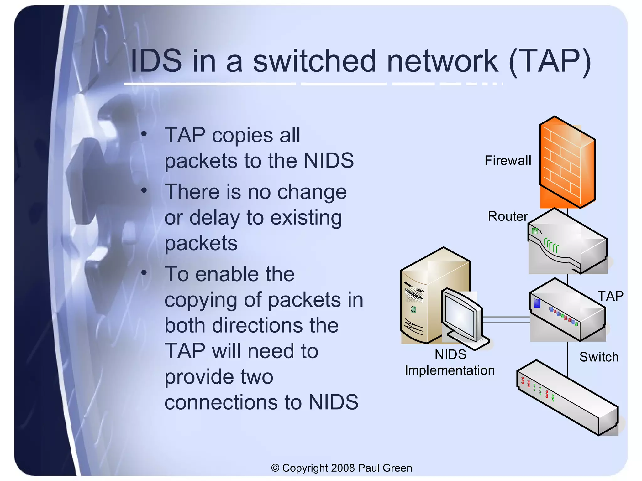 IDS in a switched network (TAP) TAP copies all packets to the NIDS There is no change or delay to existing packets To enable the copying of packets in both directions the TAP will need to provide two connections to NIDS 