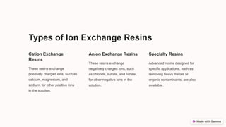 Types of Ion Exchange Resins
Cation Exchange
Resins
These resins exchange
positively charged ions, such as
calcium, magnesium, and
sodium, for other positive ions
in the solution.
Anion Exchange Resins
These resins exchange
negatively charged ions, such
as chloride, sulfate, and nitrate,
for other negative ions in the
solution.
Specialty Resins
Advanced resins designed for
specific applications, such as
removing heavy metals or
organic contaminants, are also
available.
 