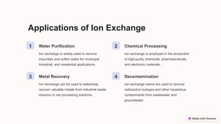 Applications of Ion Exchange
1 Water Purification
Ion exchange is widely used to remove
impurities and soften water for municipal,
industrial, and residential applications.
2 Chemical Processing
Ion exchange is employed in the production
of high-purity chemicals, pharmaceuticals,
and electronic materials.
3 Metal Recovery
Ion exchange can be used to selectively
recover valuable metals from industrial waste
streams or ore processing solutions.
4 Decontamination
Ion exchange resins are used to remove
radioactive isotopes and other hazardous
contaminants from wastewater and
groundwater.
 