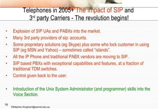 Telephones in 2005+  The impact of SIP  and  3 rd  party Carriers - The revolution begins! Explosion of SIP UAs and PABXs into the market. Many 3rd party providers of sip: accounts. Some proprietary solutions (eg Skype) plus some who lock customer in using SIP (eg MSN and Yahoo) – sometimes called “islands”. All the IP Phone and traditional PABX vendors are moving to SIP. SIP based PBXs with exceptional capabilities and features, at a fraction of traditional TDM switches. Control given back to the user. Introduction of the Unix System Administrator (and programmer) skills into the Voice Section. ©Stephen Kingham@aarnet.edu.au 