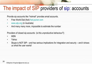 The impact of SIP   providers of  sip:  accounts Provide sip accounts like “hotmail” provides email accounts. Free World Dial (fwd)  fwd.pulver.com www.atp.org  (in Australia) And many many more, impossible to estimate the number Providers of closed sip accounts  (is this unproductive behaviour?): MSN Yahoo Skype is NOT SIP – and has serious implications for integration and securty – and it shows us what the user wants! ©Stephen Kingham@aarnet.edu.au 