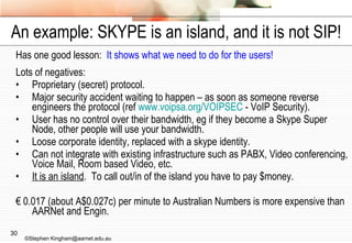 An example: SKYPE is an island, and it is not SIP! Has one good lesson:  It shows what we need to do for the users! Lots of negatives: Proprietary (secret) protocol. Major security accident waiting to happen – as soon as someone reverse engineers the protocol (ref  www.voipsa.org/VOIPSEC  - VoIP Security). User has no control over their bandwidth, eg if they become a Skype Super Node, other people will use your bandwidth. Loose corporate identity, replaced with a skype identity. Can not integrate with existing infrastructure such as PABX, Video conferencing, Voice Mail, Room based Video, etc. It is an island .  To call out/in of the island you have to pay $money. €  0.017 (about A$0.027c) per minute to Australian Numbers is more expensive than AARNet and Engin. ©Stephen Kingham@aarnet.edu.au 