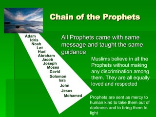 Chain of the Prophets Adam Idris Noah Lot Hud Abraham Jacob Joseph Moses David Solomon Isra John Jesus Mohamed All Prophets came with same message and taught the same guidance Muslims believe in all the Prophets without making any discrimination among them. They are all equally loved and respected Prophets are sent as mercy to human kind to take them out of darkness and to bring them to light 