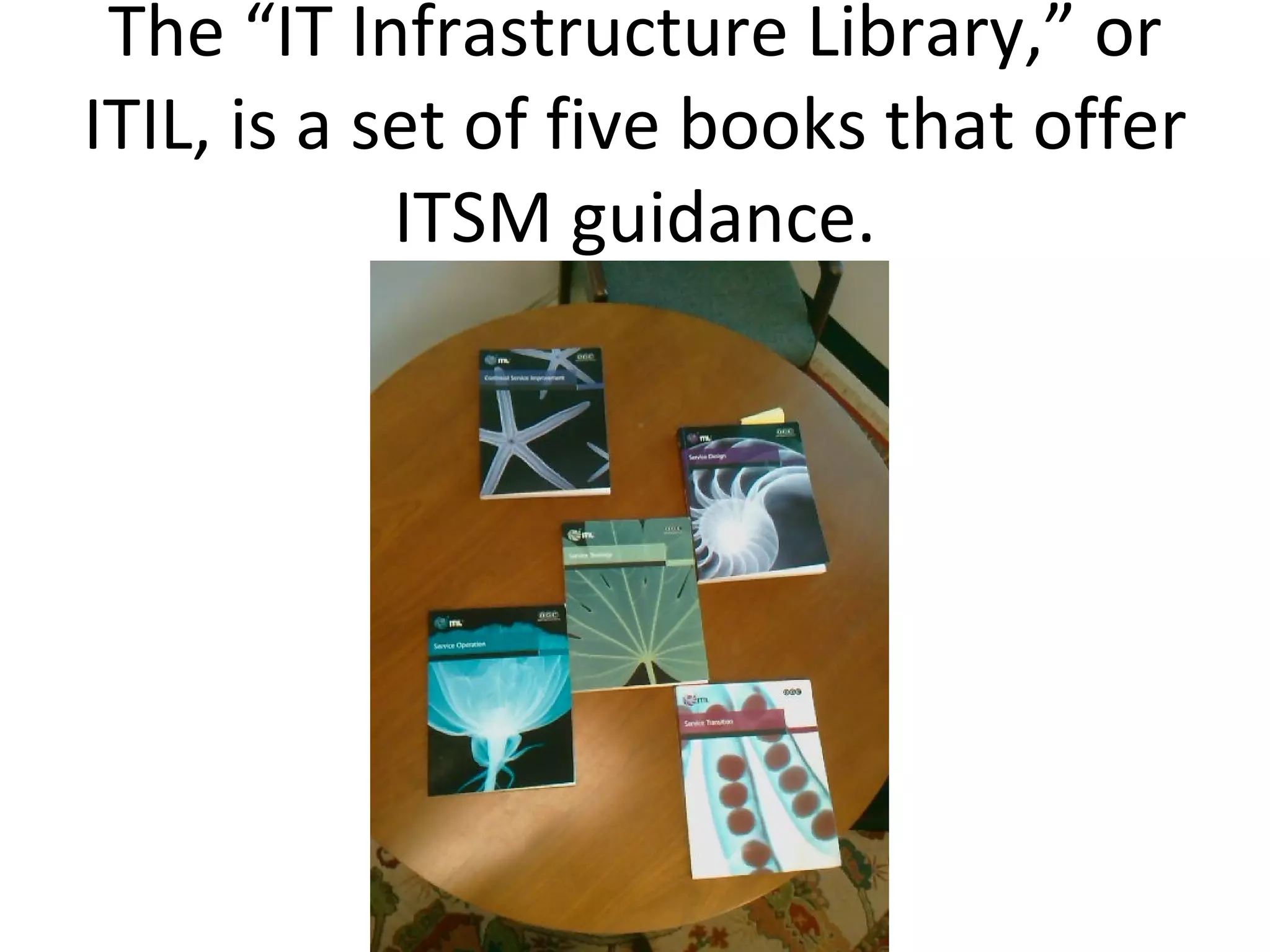 The “IT Infrastructure Library,” or ITIL, is a set of five books that offer ITSM guidance. 