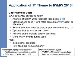 Application of 1st Theme to IWMW 2016!
Understanding Users
What do IWMW attendees want?
• Analysis of IWMW 2015 feedback (...